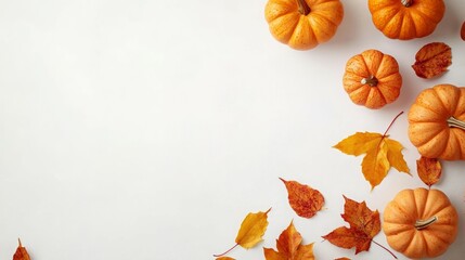 Pumpkins & leaves on a white background