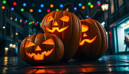 Two carved pumpkins with glowing jack-o'-lantern faces on a rainy city street at night, with colorful lights strung overhead created with generative ai	