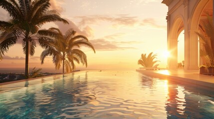 Poster - Serene Sunset Over Infinity Pool with Palm Trees