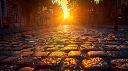 Wall Mural - Serene Sunset Over Cobblestone Street