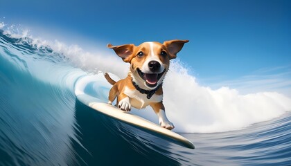 Joyful Dog Riding Blue Waves in a Surfing Adventure