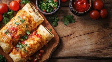 Sticker - Two burritos topped with melted cheese and fresh salsa, served sides of chopped vegetables herbs on wooden board