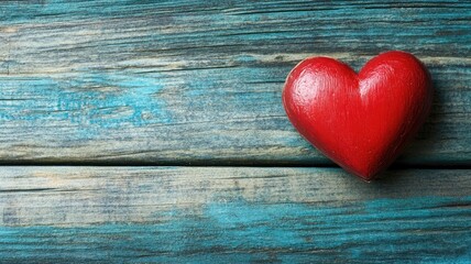 Red heart on weathered blue wooden background, symbolizing love and emotion