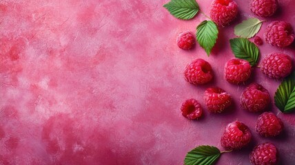 Wall Mural - Fresh raspberries with green leaves on pink textured background