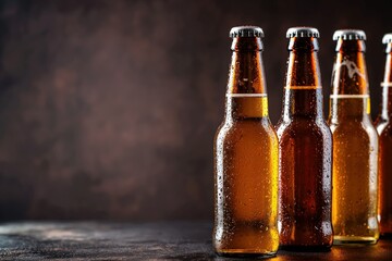 Poster - Glass bottles of beer on dark background. Amber liquid fills glass containers. Reflections on surface, bubble, droplet create textured effect. People in focus. Close-up of beverage bottles on pub