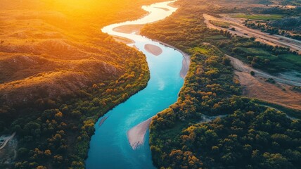 Wall Mural - meandering river illuminated by golden sunset amidst lush greenery