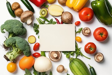 Fresh vegetables, fruits surround paper card on white background in flat lay composition. Various healthy ingredients arranged in colorful, appetizing display. Tomatoes, peppers, mushrooms, apples,