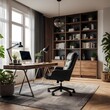 © Ebrahim - Contemporary home office with a desk, chair, and plants, emphasizing stylish design and modern tech gadgets.generative ai
