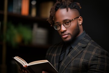 Canvas Print - Close-up of a man in a suit and glasses, holding an open book.