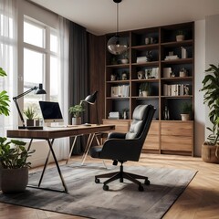 contemporary home office with a desk, chair, and plants, emphasizing stylish design and modern tech 