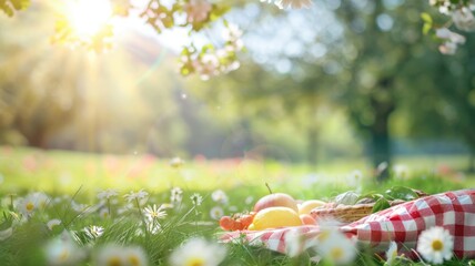 Wall Mural - picnic blanket with food in sunny park daisies
