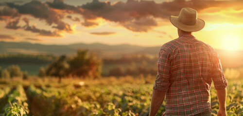 Wall Mural - person in hat standing field at sunset