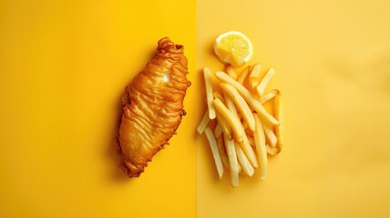 Wall Mural - Fried fish fillet next to portion of fries on yellow background