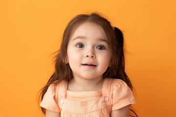 Little girl with bright orange background, emotional expression, excited face, and casual attire. Caucasian child personality shines through her vibrant mood and coiffure.