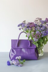 Violet bag with ageratum flowers on gray table. Stylish accessory for casual attire, female fashion, elegant design, luxury lifestyle. Bright colors, modern style, trendy trend, stylish, fashionable,