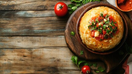 Wall Mural - Saffron rice dish topped with fresh herbs and tomatoes on wooden board