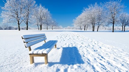 A snowy bench rests in a winter park, frozen trees and a clear blue sky completing the peaceful scene.