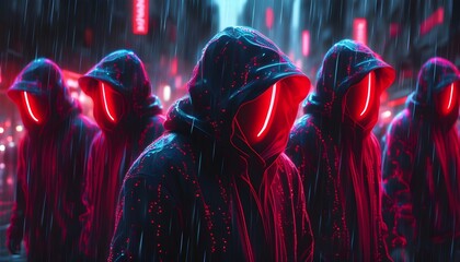 Wall Mural - Mysterious red neon hooded figures navigate a rainy urban landscape