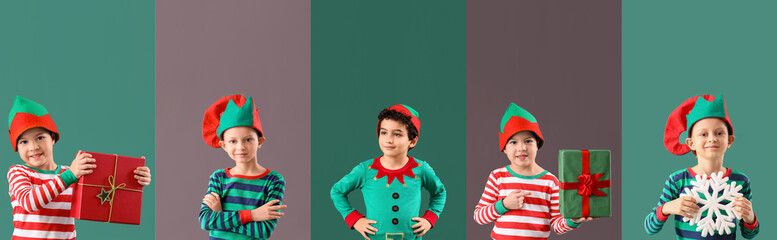 Canvas Print - Set of cute children in Christmas elves costumes on color background