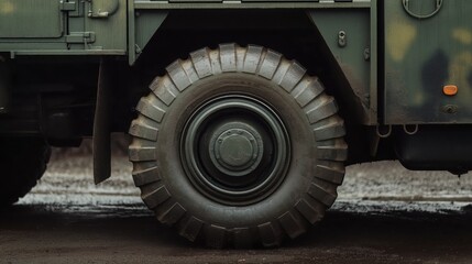 Close-Up of Military Vehicle Wheel, Tactical Transport, Heavy-Duty Gear