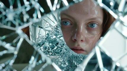 Poster - A young woman looks through broken glass. AI.