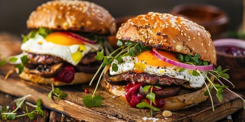 detailed perspective of two homemade beef patties topped with mushrooms, microgreens, red onions, fr