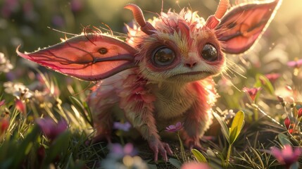 Wall Mural - A small, furry creature with large eyes sits in a field of flowers. AI.