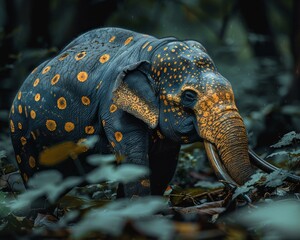 Sticker - An elephant with a unique pattern of yellow spots. AI.