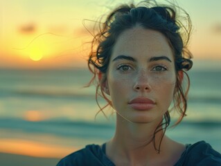 Poster - A woman with freckles stares into the camera with a sunset behind her. AI.