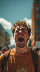 Canvas Print - A man shouts with his mouth open. AI.