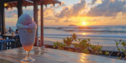 Poster - Ice cream on a beach table with the sunset in the background. AI.