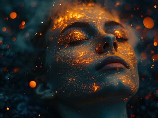 Wall Mural - A person with glowing orange particles on their face. AI.