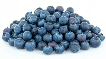 A pile of fresh blueberries on a white background.