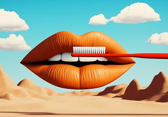 Wall Mural - Surreal Floating Lips with Toothbrush in Desert