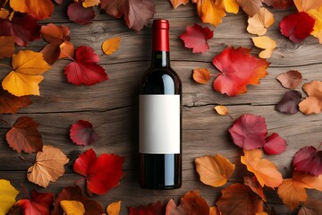 Poster - A bottle of red wine with blank label surrounded by autumn leaves on wooden background.