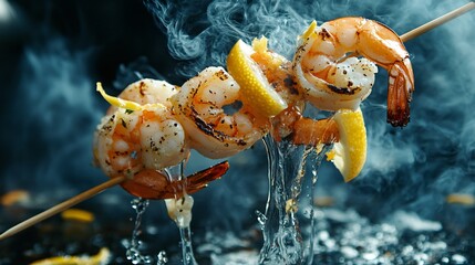 Grilled shrimp skewers with lemon wedges and smoke.