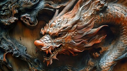 Poster - Intricate Wood Carving of a Chinese Dragon