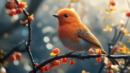 Wall Mural - Orange Bird Perched on Branch with Red Berries