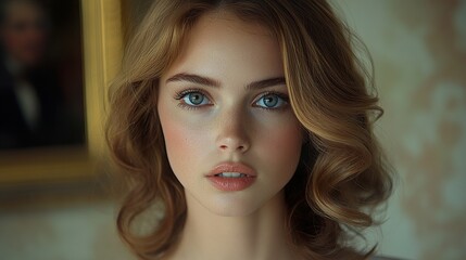 Wall Mural - Close-up Portrait of a Beautiful Woman with Blue Eyes and Blonde Curly Hair