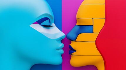 Wall Mural - Two abstract faces with blue, yellow and red colors against a purple background.