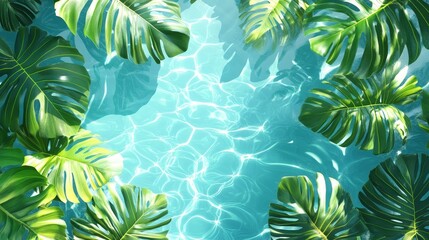 Tropical vacation scene, monstera leaves framing turquoise water, sunlit reflections, empty banner space in center, clean modern style, minimal color palette, Flat Design