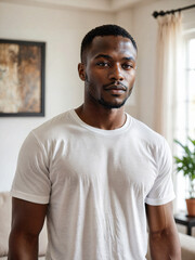 portrait of a man with casual white t-shirt in minimalist interior