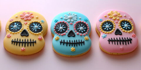 Colorful sugar skull cookies in yellow, blue, and pink with floral decorations on a pink background for Dia de los Muertos and Halloween celebrations. 