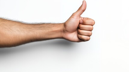 A man's hand giving a thumbs up gesture against a white background.