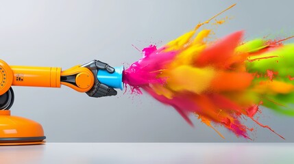 Canvas Print - A robotic arm holding a paint can, with paint exploding out of it in vibrant colors, against a simple gray background.