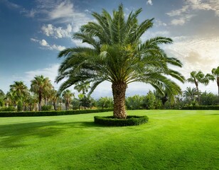 lonely palm tree surrounded by green lawn, concept of loneliness and isolation, remote utopic location