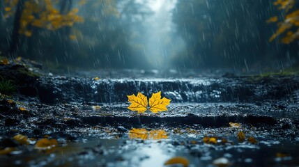 Wall Mural - Rainy Forest with a Single Yellow Leaf