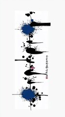 Poster - Abstract Ink Painting with Flower and Blue Circles