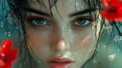 Canvas Print - Close Up Portrait of a Woman with Wet Hair and Water Droplets on Her Face