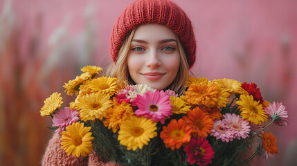 Wall Mural - Young woman in red hat smiling holding a bouquet of colorful flowers